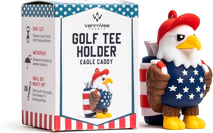 Eagle Caddy Golf Tee Holder, Includes 8 USA Themed Golf Tees, Fun Golf Accessories for Men and Women, Stylish Golf Bag Accessory and Golf Gift