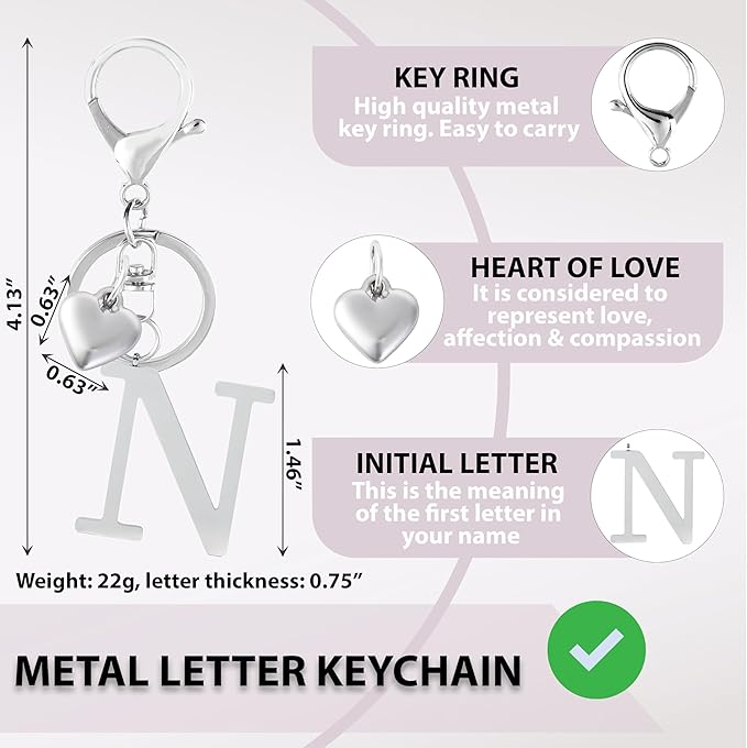 Metal Heart Alphabet Keychain for Women, Girls - Cute Initial Letter Accessories for Purse, Bag Charms and Backpack