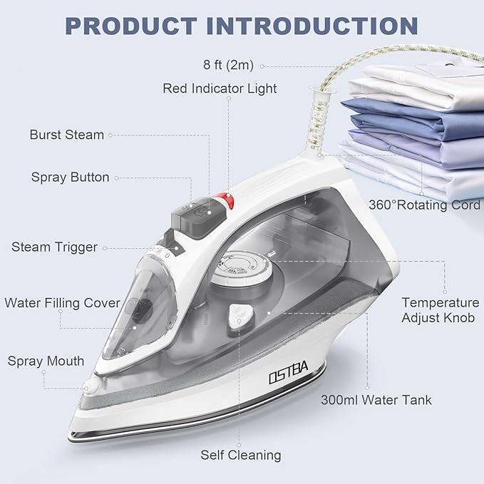 OSTBA 1600W Steam Iron for Clothes with Rapid Heating Nonstick Soleplate, 300ml Water Tank, Precise Thermostat Dial, Self-Cleaning, Anti-limescale, Drip Stop Function Clothes Iron
