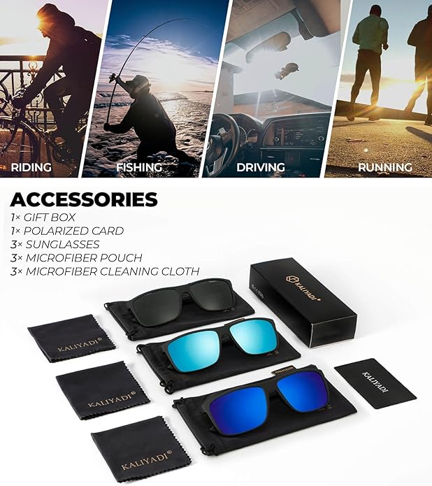 KALIYADI Polarized Sunglasses for Men and Women, Mens Sun Glasses with UV Protection for Driving Fishing Golf (3 Packs)