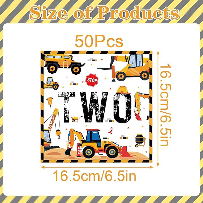 Construction 2nd Birthday Decorations for Boys, 50PCS Construction Two Napkins Set, Excavator 2 Years Old Birthday Decor Supplies for Boys