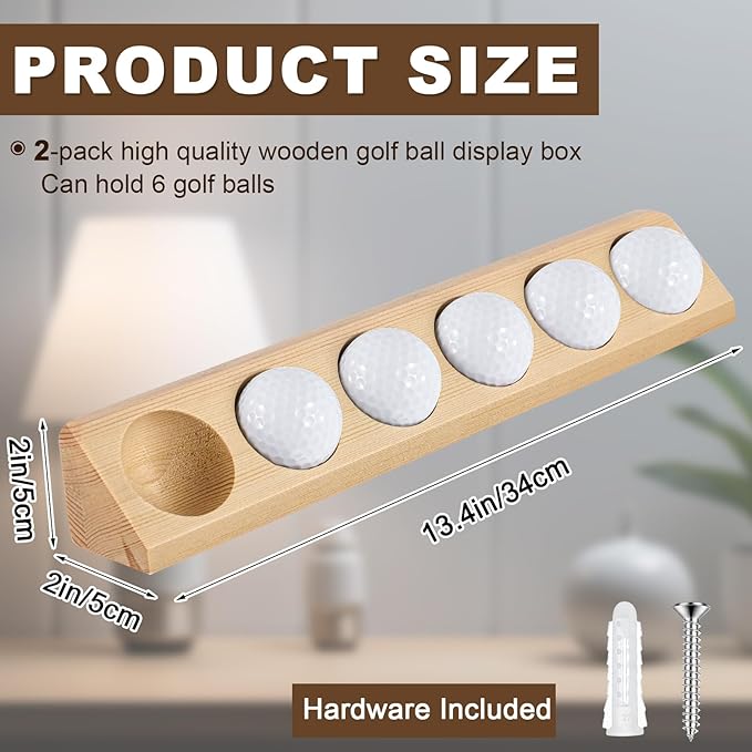 Golf Ball Display Case 6 Standard Size Wooden Wall Mount Golf Ball Stand Holder Display for Collector Sport Memorabilia Accessories Gift Office Tabletop Decor(Original Wood Color,1 Pack)
