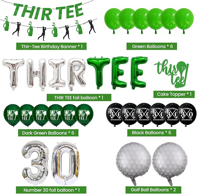 30th Birthday Decorations for Him, Golf 30th Birthday Party Decoration Themed for Men Thirty Birthday Decor Banner Set Durable 30 Number Balloons