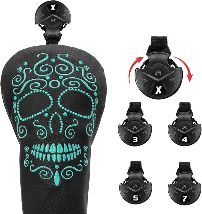 Black Golf Club Covers Skull Embroidery Driver Headcover Fairway 3 Wood Headcover Hybrid Headcover for Your Selection fits for All Brands