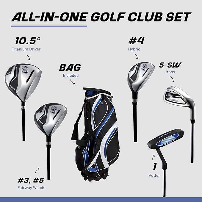Precise S7 Men’s 18-Piece Golf Set – Titanium Driver, Woods, Hybrid, 5-SW Irons, Putter, Stand Bag, 4 Headcovers and Cover – RH