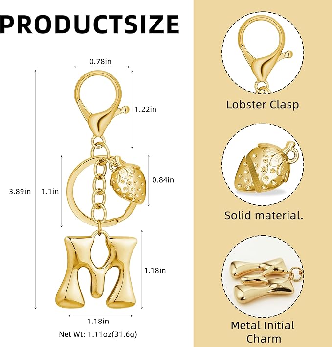 Gold Bubble Heart, Cherry, Bow & More Designs Letter Initial Keychain Bag Charms – Cute Purse Charms for Handbags