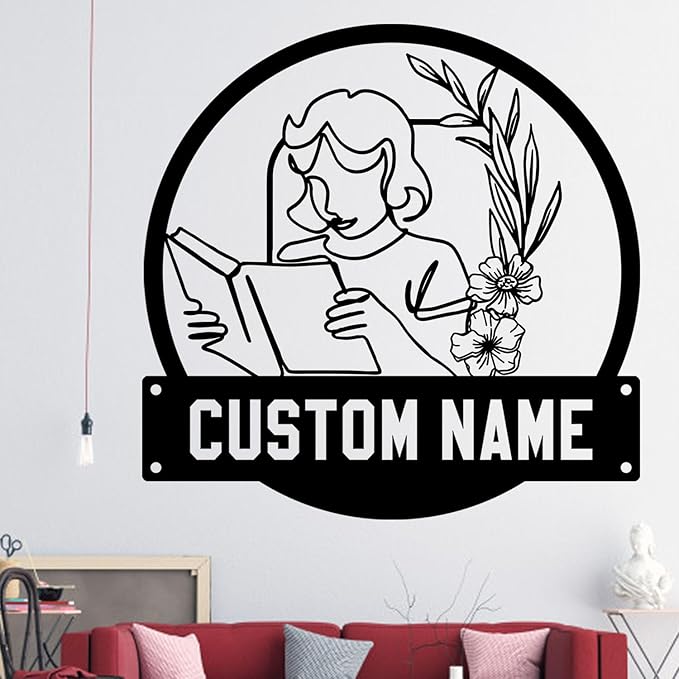 Custom Floral Women Reading a Book Metal Sign, Unique LED Home Decor Wall Art, Personalized Gift for Book Lovers, Elegant Hanging Decoration for Library, Living Room, or Bedroom