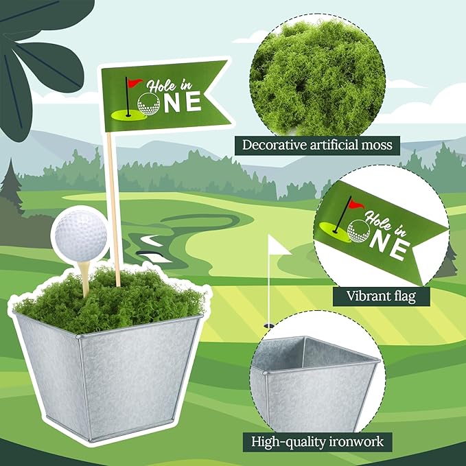 6 Set Golf Party Table Decorations Kit Party Supplies Includes Mini Golf Iron Bucket White Artificial Moss Lawn Flag Centerpiece Wooden Peg for Birthday Sport Themed Desk Rugby Favor (Square)