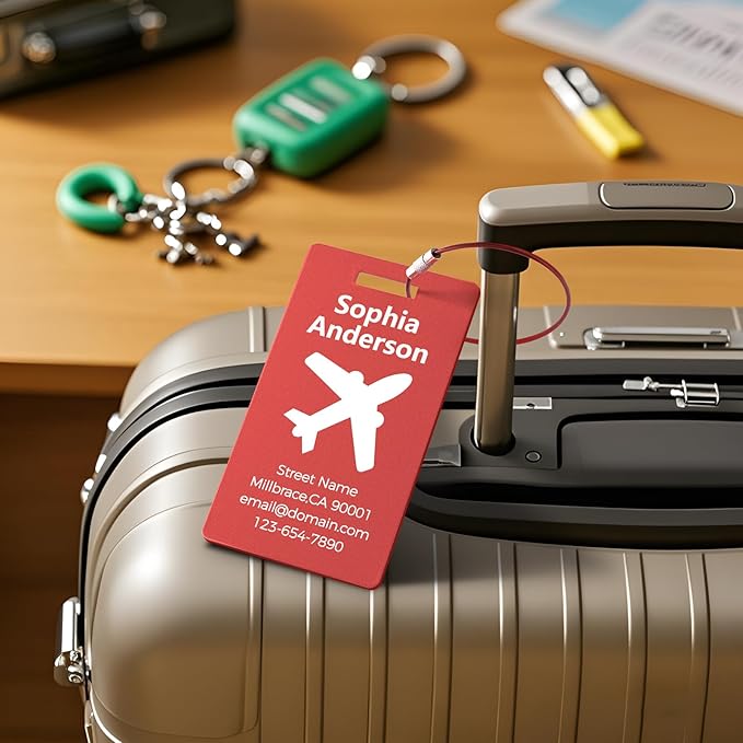 4 Pack Personalized Luggage Tags, Custom Engraved Aluminum Luggage Tags with Your Personalized Text, Waterproof Metal Name Tags with Steel Loop for Bags, Suitcase, Baggage, Backpack (Red, Large)