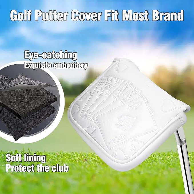 Golf Putter Covers White Poker Mallet Putter Headcover Blade Putter Cover Leather Golf Head Covers with Magnetic Closure for Most Brand