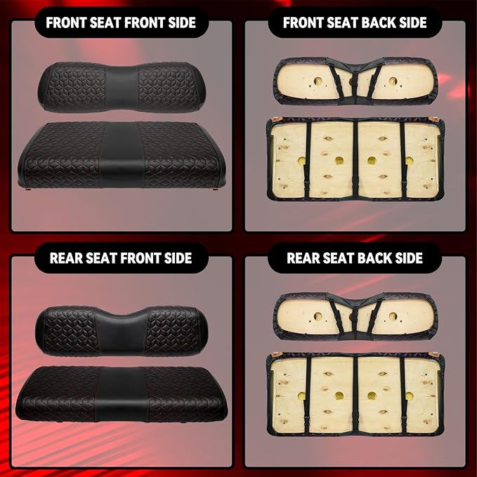 Golf Cart Seat Covers Front and Rear for Club Car DS 2000.5+ Standard Seat Cushion, EZGO Vinyl Leather Seat Cover Set Replacement Accessories, No Staples, Black(4 PCS)