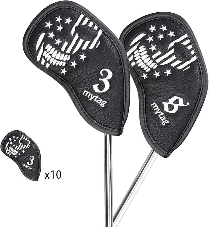 mytag Skull Skeleton Golf Head Covers Black Synthetic Leather Golf Headcovers Set Fits Driver Fairway Wood Hybrid/Utility Putter Iron Wedge Headcover