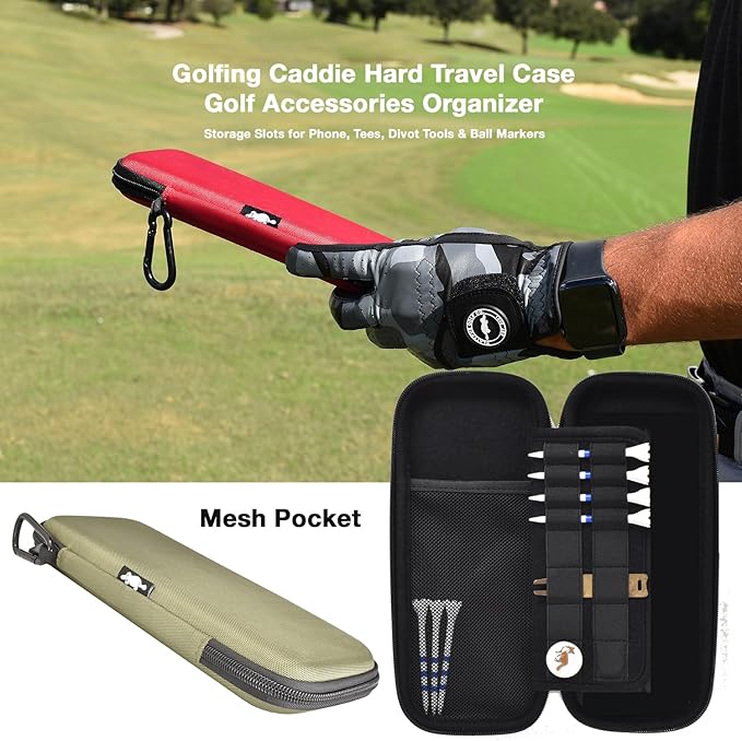 Platypus Golf Co. Golfing Caddie Hard Travel Case Golf Accessories Organizer - Mesh Pocket & Storage Slots for Phone, Tees, Divot Tools & Ball Markers - Golfers Cases for Men & Women in Olive Green