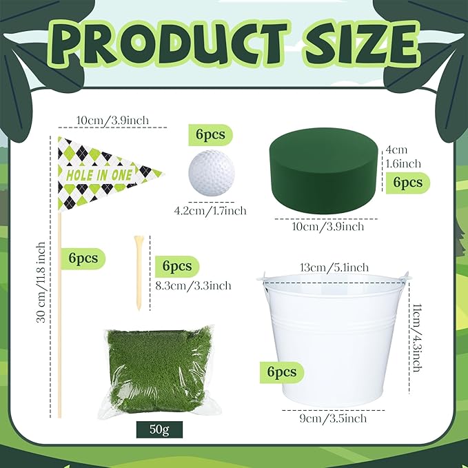 6 Set Golf Party Table Decorations Kit Party Supplies Includes Mini Golf Iron Bucket White Artificial Moss Lawn Flag Centerpiece Wooden Peg for Birthday Sport Themed Desk Rugby Favor(Round)