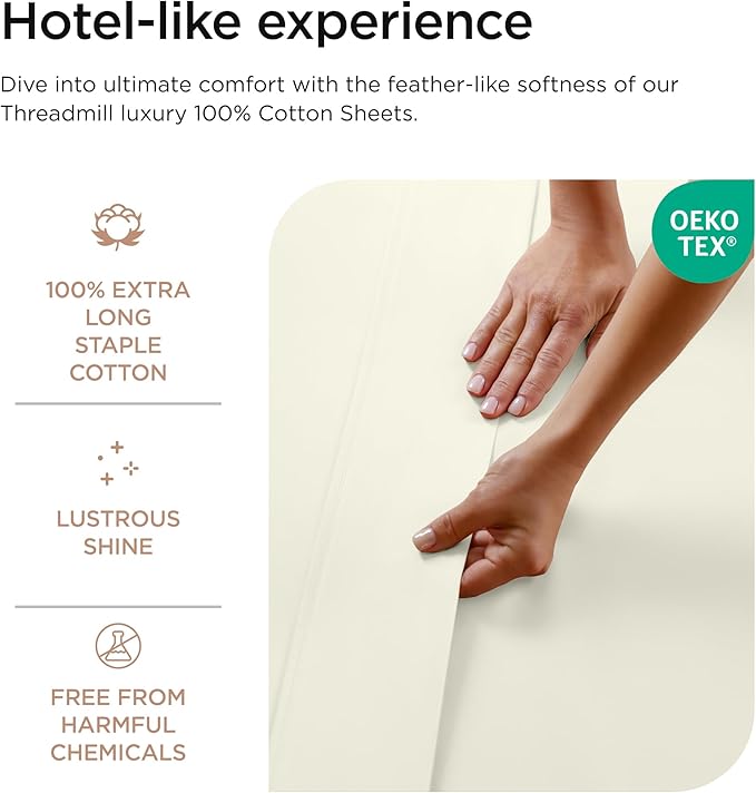Threadmill Luxury 800 Thread Count Full Size 100% Cotton Sheets - Ivory Sateen Weave Bed-Sheets, Better Than Egyptian Cotton, 4 Pc Solid Bed Set, Fits 16" Deep Pocket
