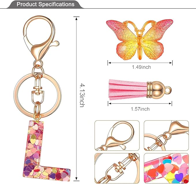 JINGUAZI Initial letter Keychains for Women Tassel Butterfly Pink Purple Cute Car Keychain for Wallet Backpack bag charm
