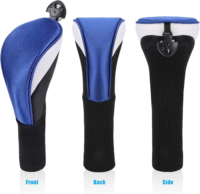 Lybile Golf Club Head Covers for Fairway Woods Driver Hybrids, 4Pcs Long Neck Mesh Golf Club Headcovers Set with Interchangeable No. Tags 3 4 5 6 7 X (Blue)