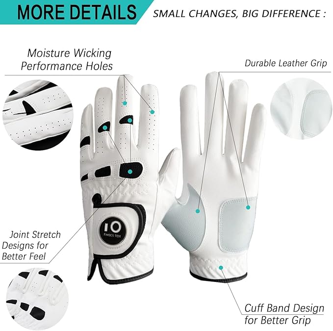 FINGER TEN Men’s Golf Gloves Left Hand Right with Ball Marker 2 Pack, Weathersof Grip Soft Comfortable, Fit Size Small Medium ML Large XL