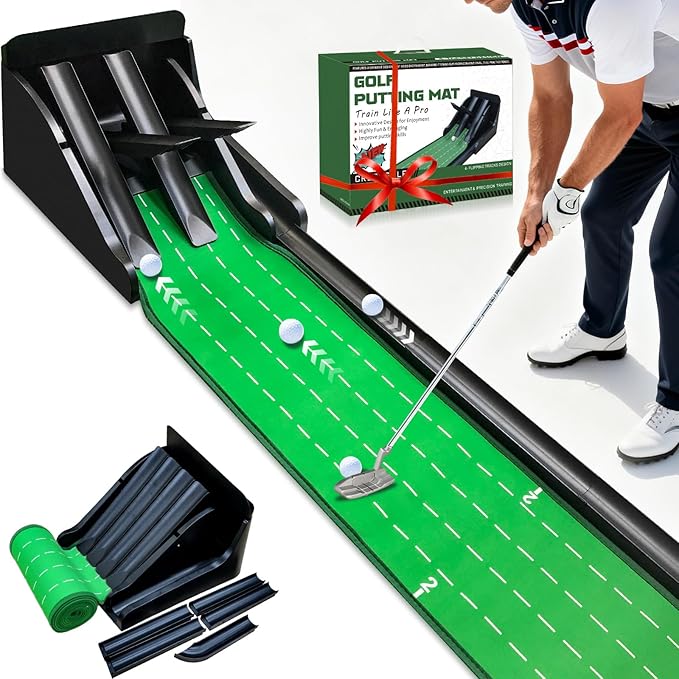 Crestgolf Golf Putting Mat, Automatic Ball Return with 4 Unique Flipping Tracks & 2-Player Mode, Professional Non-Slip Practice Putting Green Mat for Indoor Golf Training, Improve Putting Skills