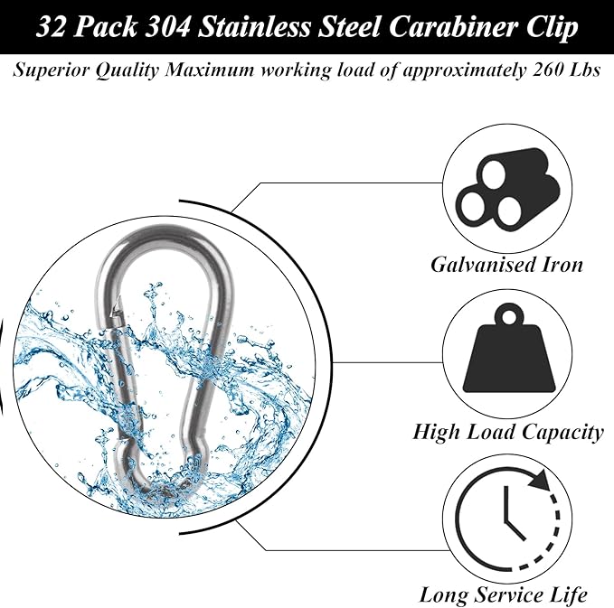 MIVIDE 32 Pack M6 x 2.36 inch Carabiner Clips Spring Snap Hook, 304 Stainless Steel Heavy Duty Snap Hooks Carabiner Quick Link Clip for Camping Hiking Traveling Outdoor Swing Gym, 260Lbs Capacity