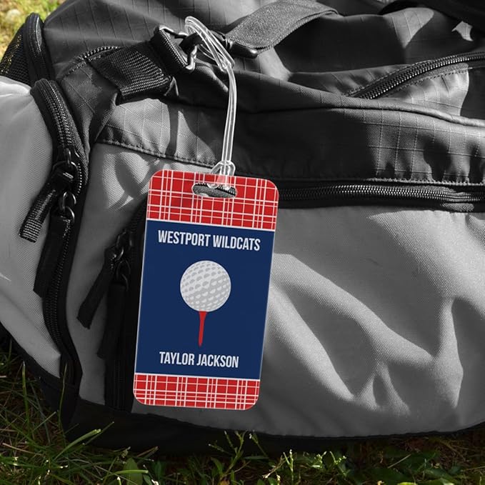 ChalkTalkSPORTS Golf Luggage & Bag Tag | Personalized Team with Golf Ball | Standard Lines on Back | Large | RED/Navy