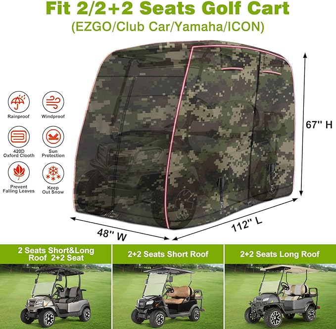 2/4 Passenger Golf Cart Cover Fits EZGO, Club Car, Yamaha Golf Carts with Reflective Strips, All Weather Protection/Waterproof/Snowproof/Windproof/Sunproof/Full Gold Cart Covers