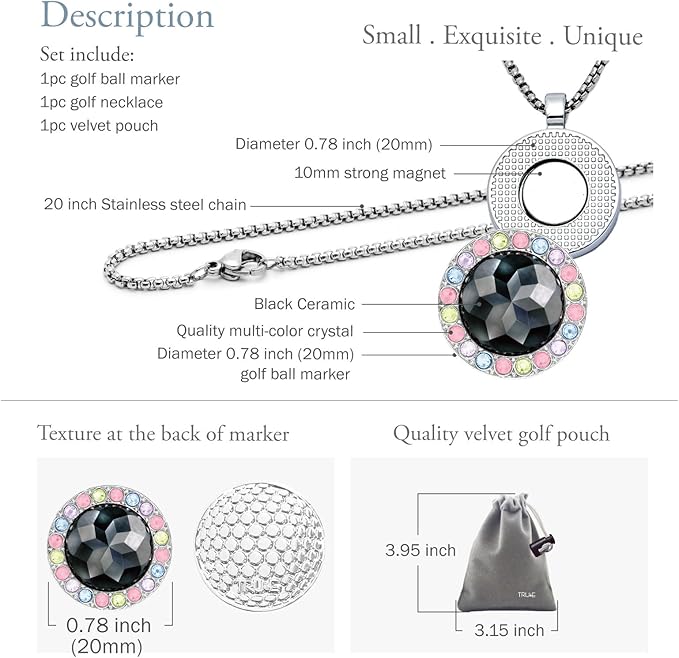 Golf Ball Marker with Ceramic Crystal Ball Marker Necklace (20mm Small Size) Gifts Accessories Women Golfers