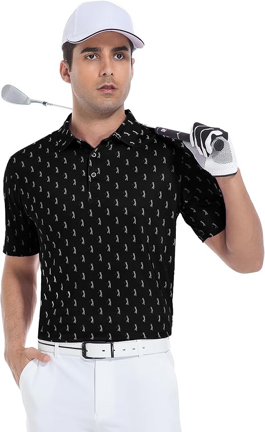 Esabel.C Golf Shirts for Men Dry Fit Performance Short Sleeve Print Moisture Wicking Collared Shirt
