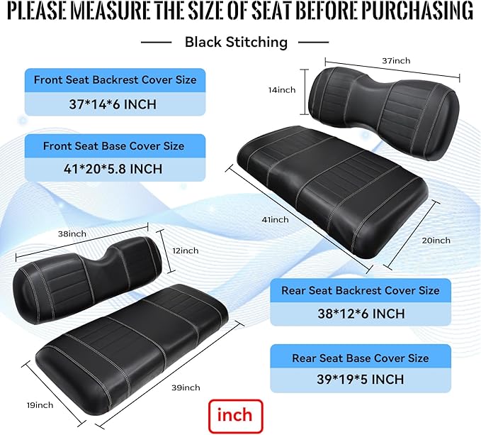 Golf Cart Seat Covers fits Club Car Precedent/DS/EZGO RXV/TXT/Yamaha Front Rear Seat Cushion，Black Leather Custom Stripe Soft Comfortable/Anti-Scratch/Easy to Clean