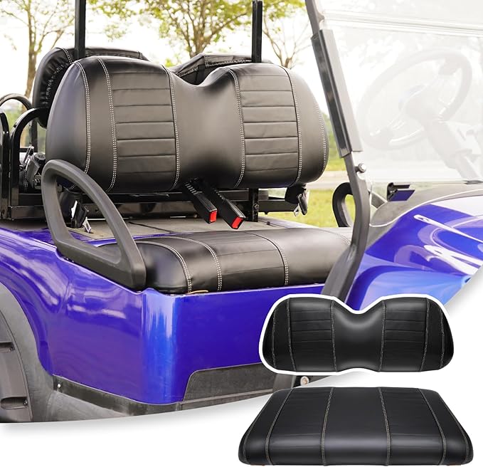 Golf Cart Seat Covers fits Club Car Precedent/DS/EZGO RXV/TXT/Yamaha Front Rear Seat Cushion，Black Leather Custom Stripe Soft Comfortable/Anti-Scratch/Easy to Clean