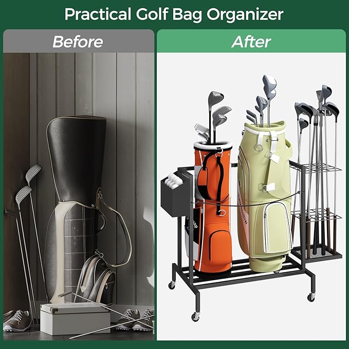 Golf Bag Organizer for Garage, Golf Bag Storage Stand Fits 2 Golf Bags, Freestanding Golf Club Holder for Garage, Shed, Home, Basement, Other Golfing Equipment Accessories, Black BEBK17501