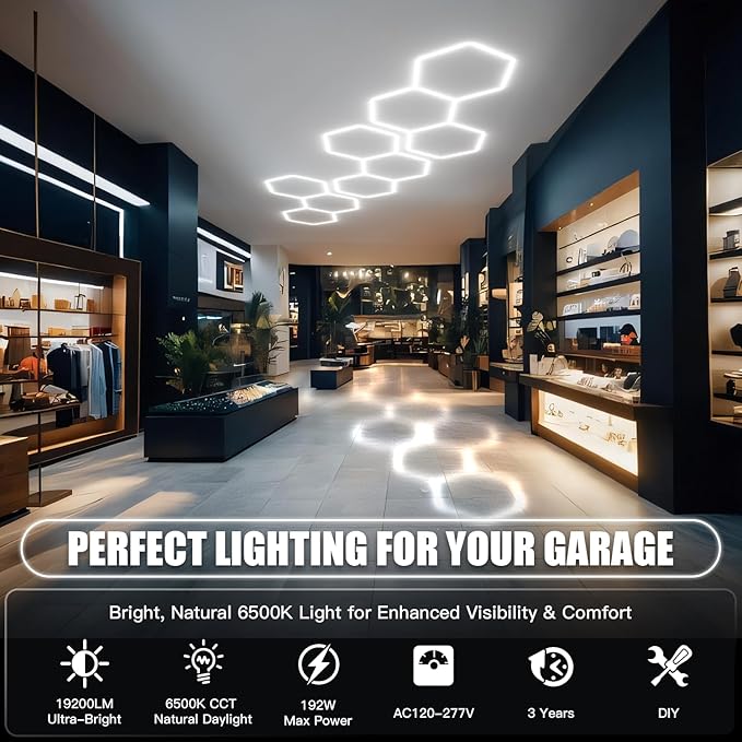 JTT Hexagon Garage Lights,16Pack 128W LED Garage Hexagon Lights,3 Grids 6500K Super Bright Car Detailing Ceiling LED Shop Light for Warehouse Workshop Gym Exhibition Hall Basement Car Care