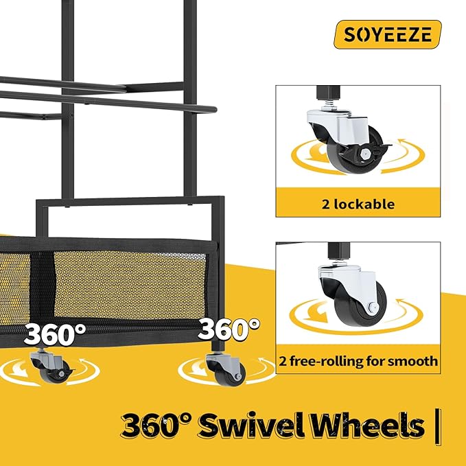 SOYEEZE Garage Sports Equipment Organizer-Large 5 Layer Ball Storage, Basketball Stand Holder, Outdoor toy storage, Baseball Bat Rack, Rolling Ball Cart with Hooks and Wheels for Indoor/Outdoor Use