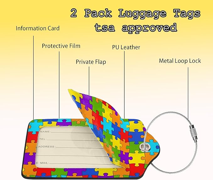 Puzzles 2 Pcs Luggage Tags for Suitcase Privacy Cover Id Label with Stainless Steel Loop and Address Card Travel Bags Autism Awareness