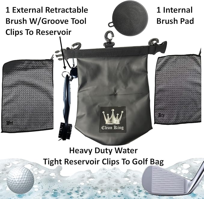 Keyfit Tools Clean King Golf Club Cleaner Golf Ball Grip Washer Holder Accessories Cleaning On Your Bag ~ 1 Wet Towel 1 Dry Towel 1 Water Reservoir 1 Interior Brush Pad 1 Exterior Brush Groove Tool