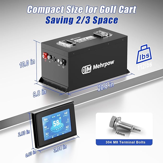 48V Lithium Battery Golf Cart Batteries Kit Built-in 200A BMS Steel Casing 48V 100Ah LiFePO4 Battery 10000 Cycles with 18A Charger Bluetooth Touch Display & APP Max 10.24kW Power Output for Golf Cart
