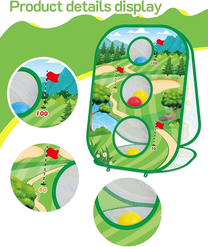 4-In-1 Kids Sticky Golf Games Set With Club, Golf Putting Practice Mat,3-Sided Golf Chipping Net, Multiple Game Modes, Golf Cornhole Board Set, Indoor & Outdoor Golf Practice For Kids & Adults