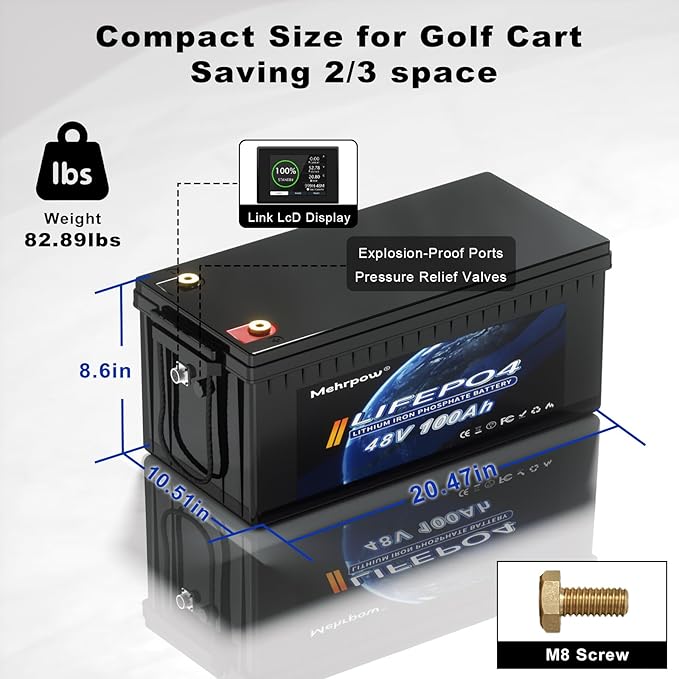 48V Lithium Battery Golf Cart Batteries Kit with Smart 200A BMS 58.4V 18A Charger Touch Monitor & Mobile APP 10000 Cycles 48V 100Ah LiFePO4 Battery Peak Current 1000A(3-5s) for Club Car, EZGO, Yamaha