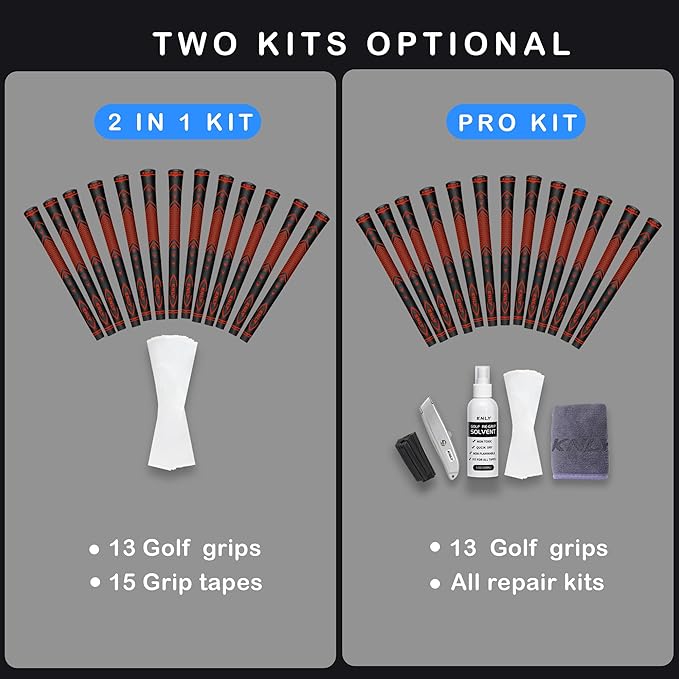 KNLY Golf Grips Set of 13 - High Traction and High Feedback Rubber Golf Club Grips with Anti-Slip and All Weather Performance，13 Grips with 15 Tapes and 13 Grips with All Repair Kits for Choice.