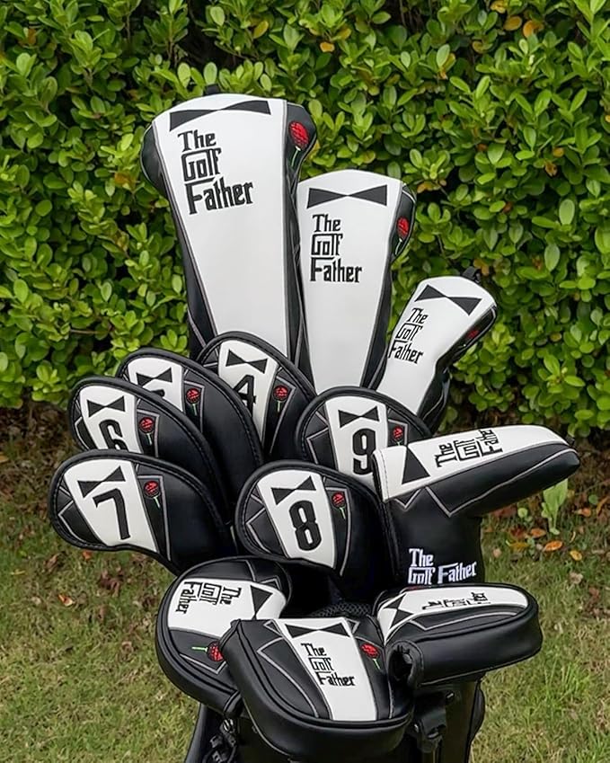 The Golf Father Golf Club Covers, Driver Fairway Hybrid Headcover, Funny Putter Cover Magnetic, Black & White Color Iron Covers,Golf Gifts for Men