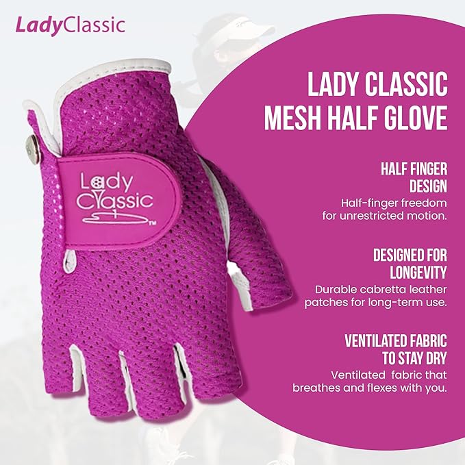 Mesh Half Golf Glove for Women – Premium Cabretta Leather Palm, Breathable Mesh Back, Half-Finger Design Ladies Golf Glove for Enhanced Grip & Comfort