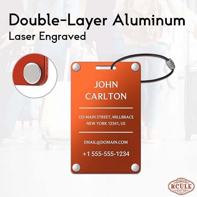 Personalized Luggage Tags for Suitcases - Aluminum Custom Luggage Tags for Backpacks & Bags, Sturdy, Waterproof & Heavy Duty (Orange/Card-Sized)