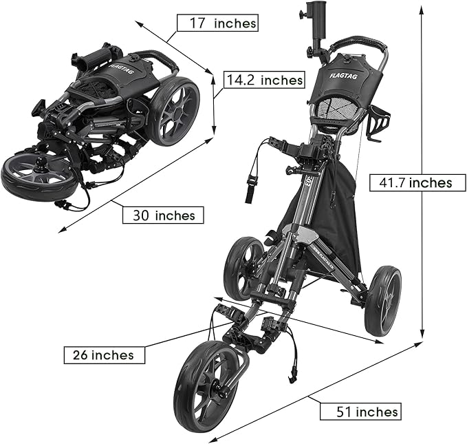 Golf Push Cart 3 Wheel,Foldable Golf Push Cart,Golf Bag Cart with Foot Brake,Umbrella Holder, Cup Holder, Storage Compartment
