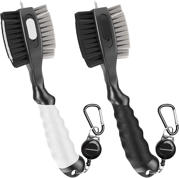 THIODOON 2 Pack Golf Club Brushes and Groove Cleaner 2 ft Retractable Zipline Carabiner Golf Brush Head with Retractable Spike Comfortable Grip Golf Club Cleaner