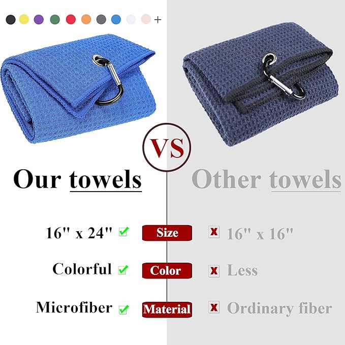 VIVIDLY 2 Pack Tri-fold Golf Towels, Premium Microfiber Fabric Waffle Pattern with Black Heavy Duty Carabiner Clip, Blue Golf Towels for Golf Bags for Men (Blue)