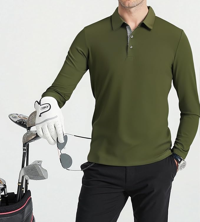 Alex Vando Mens Golf Shirt Moisture Wicking Quick-Dry Solid Long Sleeve Polo Shirts for Men