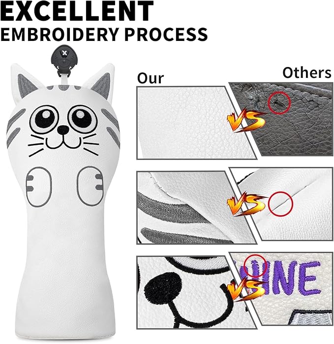 Golf Kitty Head Cover Golf Club White Leather Headcovers 1pc/4pcs Set Fits Driver Fairway Wood Hybrid Utility Putter Iron Wedge Headcover.