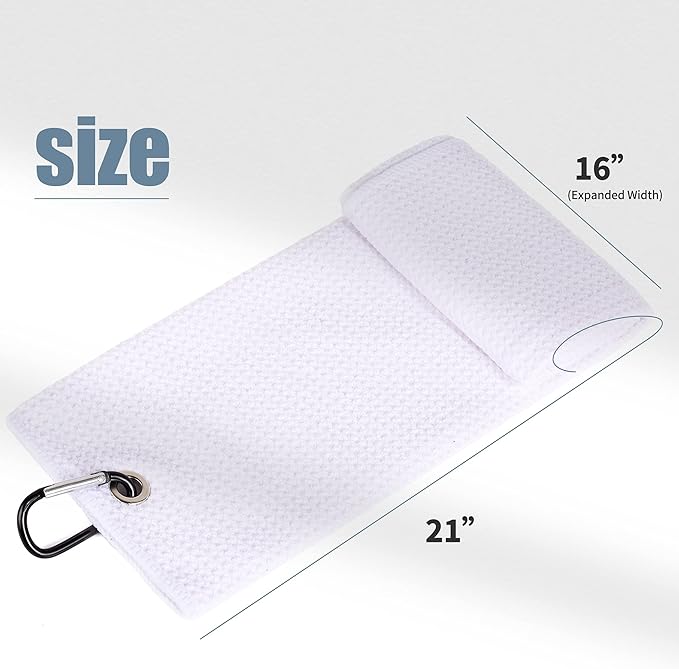 Mile High Life 2 Pack White Microfiber Tri-Fold Golf Towels with Carabiner Clip, Water Absorbent, Size 16"x21"