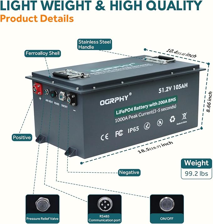48V Lithium Golf Cart Battery, 200A BMS(1000A Peak Current), with Touch Monitor & Mobile APP, 4000+ Cycles 48V Lithium Battery with 18A Charger, Perfect for Golf Carts, Solar(105AH)