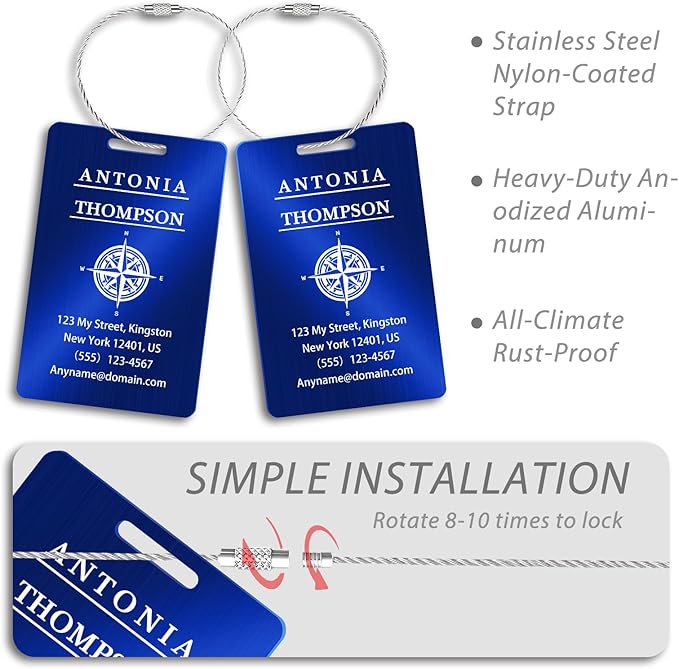 Custom Stainless Steel Luggage Tags (2 Pack) - Personalized Laser Engraved Luggage Tag, Waterproof Durable, for Bags, Backpack Travel, Suitcases (Blue)